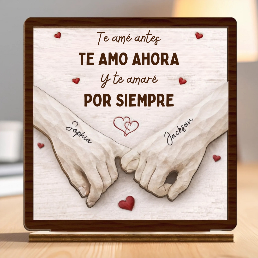 Placa de Madera “Te amo ahora y por siempre” — Manos entrelazadas personalizada con nombres (Regalo de aniversario y San Valentín)