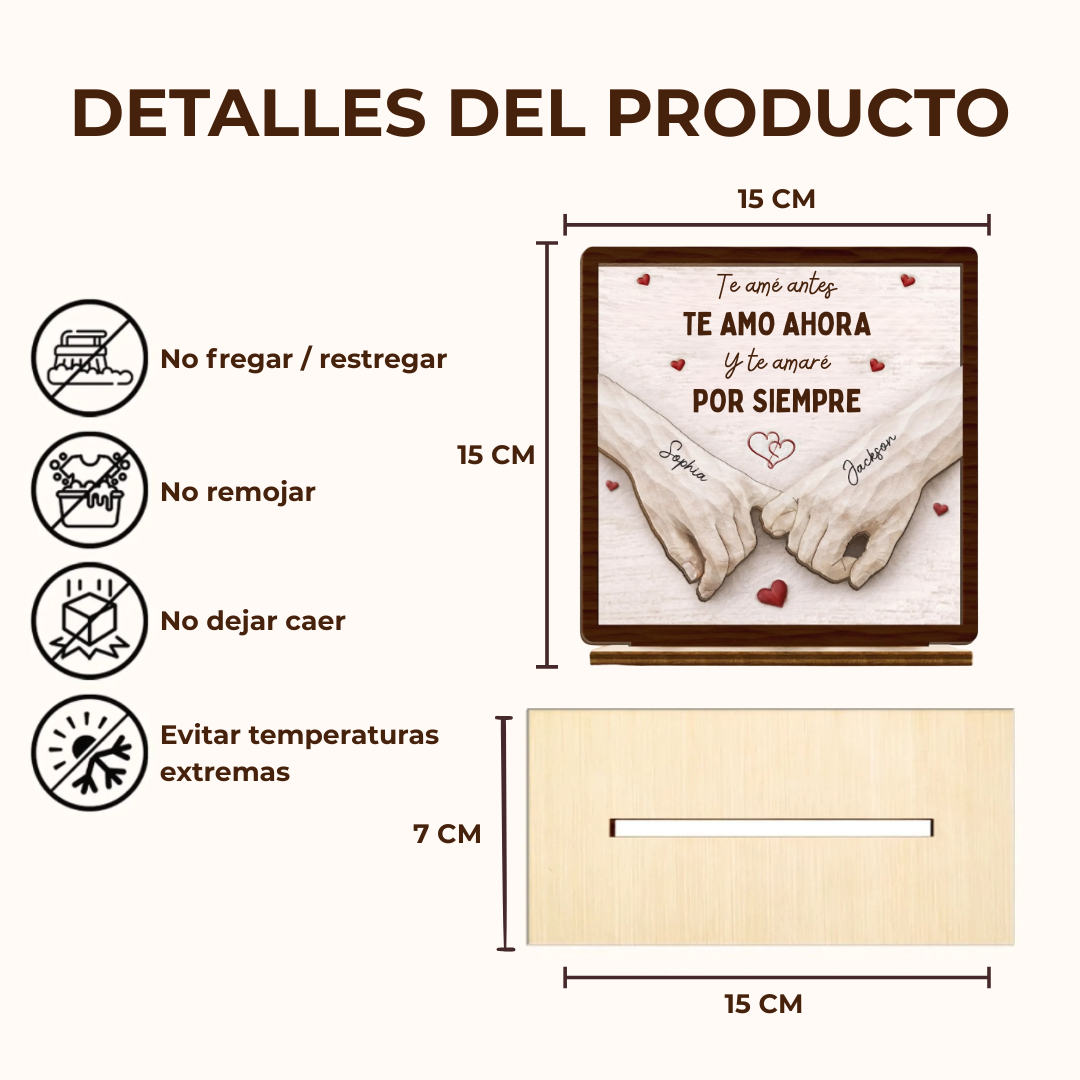 Placa de Madera “Te amo ahora y por siempre” — Manos entrelazadas personalizada con nombres (Regalo de aniversario y San Valentín)