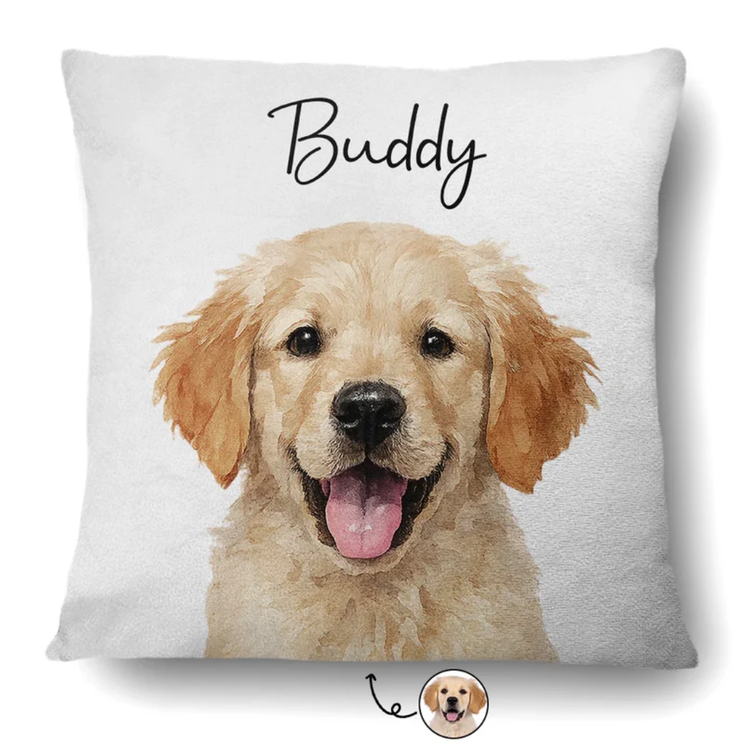 Almohada personalizada con retrato realista de tu mascota – Estilo acuarela para perros y gatos