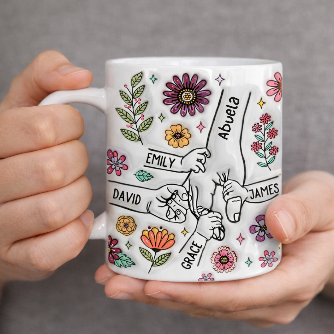 Taza personalizada con efecto 3D inflado - Regalos personalizados para el Día de la Madre, para mamá, abuela - Las manos amorosas de una madre