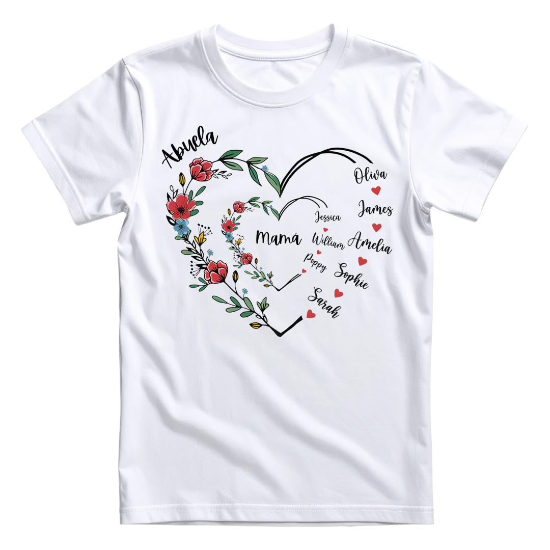Polera personalizada corazón de flores con nombres de mamá/abuela y nietos