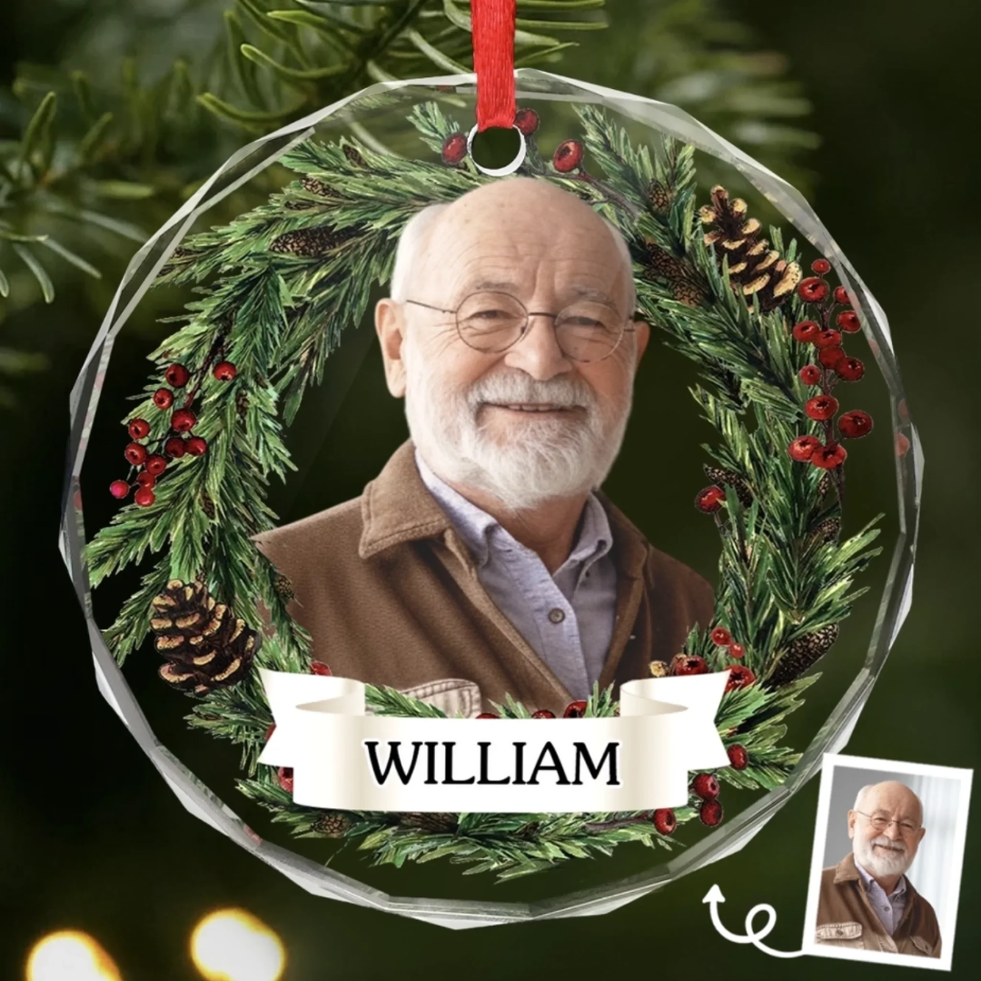 Ornamento navideño circular para árbol — Personalizado con foto y nombre del abuelo