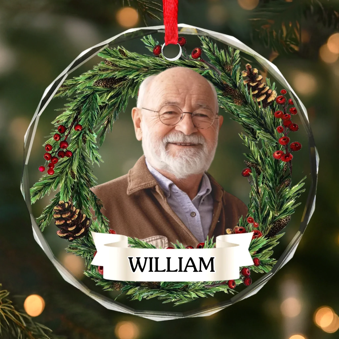 Ornamento navideño circular para árbol — Personalizado con foto y nombre del abuelo