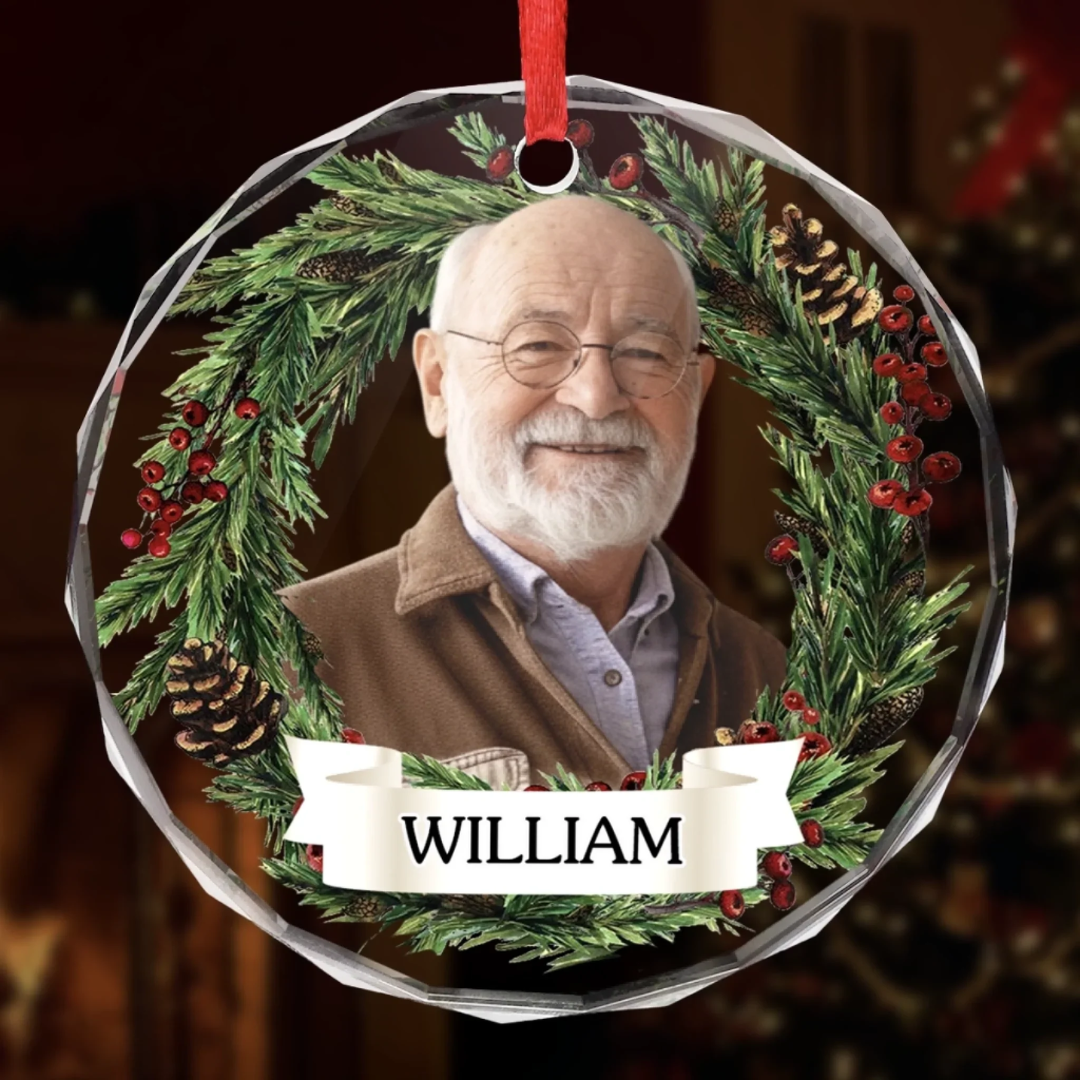 Ornamento navideño circular para árbol — Personalizado con foto y nombre del abuelo