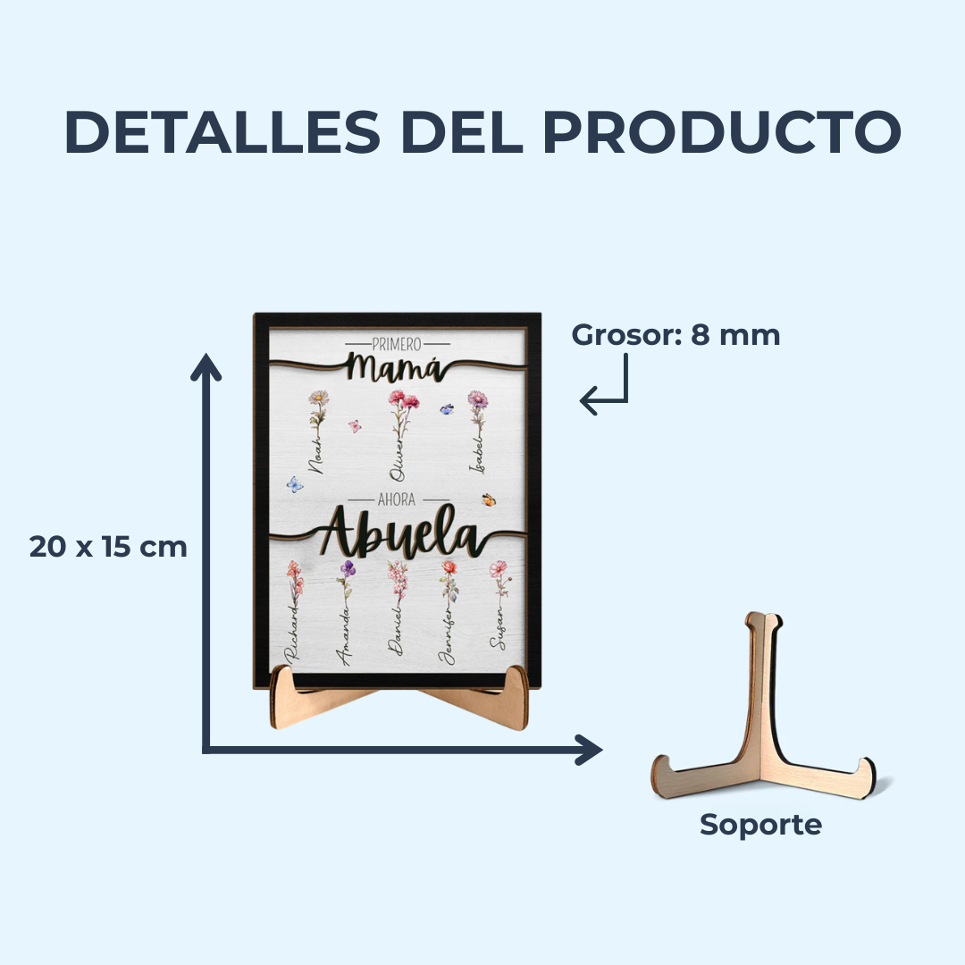Placa de madera personalizada “Primero Mamá, ahora Abuela” con soporte
